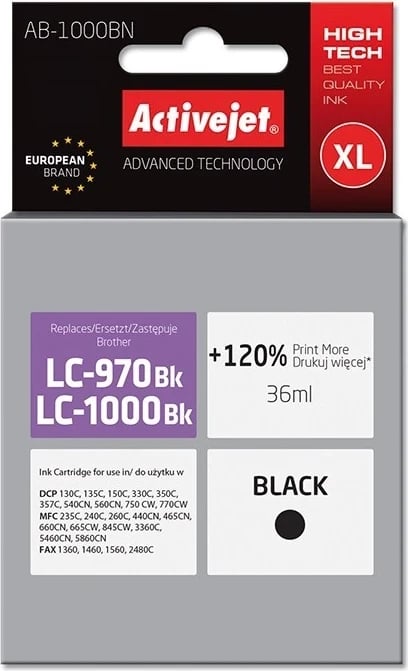 Kartuçë boje Activejet, zëvendësuese për Brother LC1000BK, 35 ml, e zezë