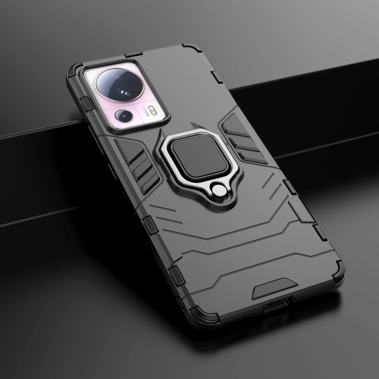 Mbështjellës Hurtel Ring Armor për Xiaomi 13 Lite, me unazë mbajtëse, i zi
