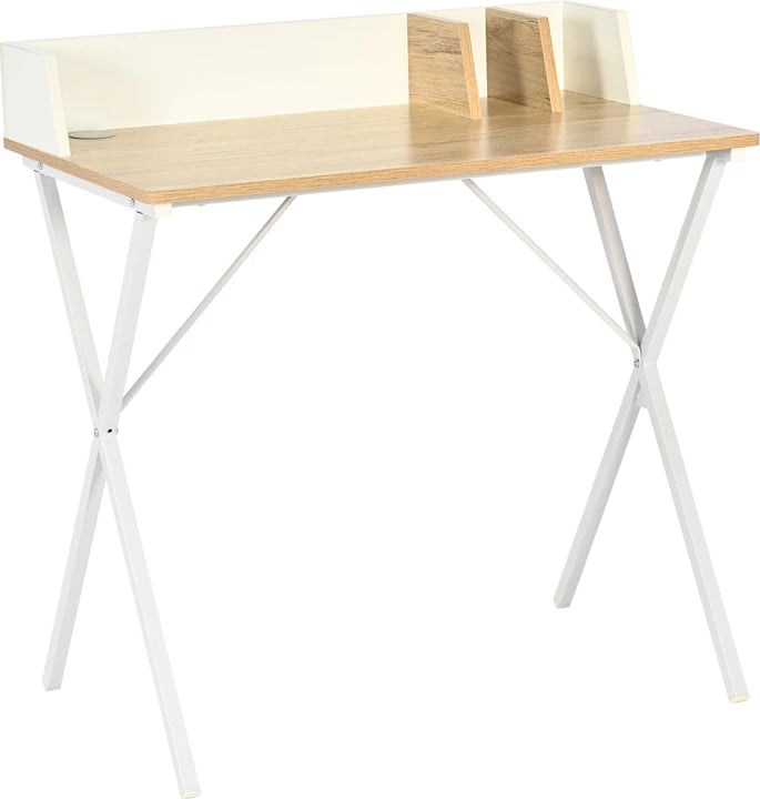 Tavolinë zyre Zervan, ngjyrë lisi, këmbë metalike të bardha, 80x50x84cm