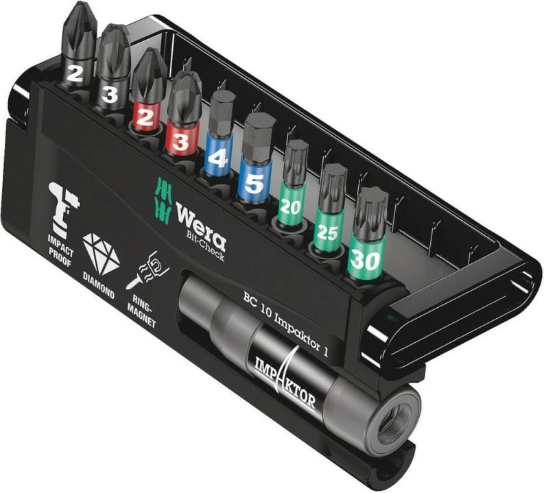 Set bitash Wera BC 10 Impaktor 1, 10 copë, PH2 PH3 PZ2 PZ3 T20 T25 T30 4.5mm, me magnet