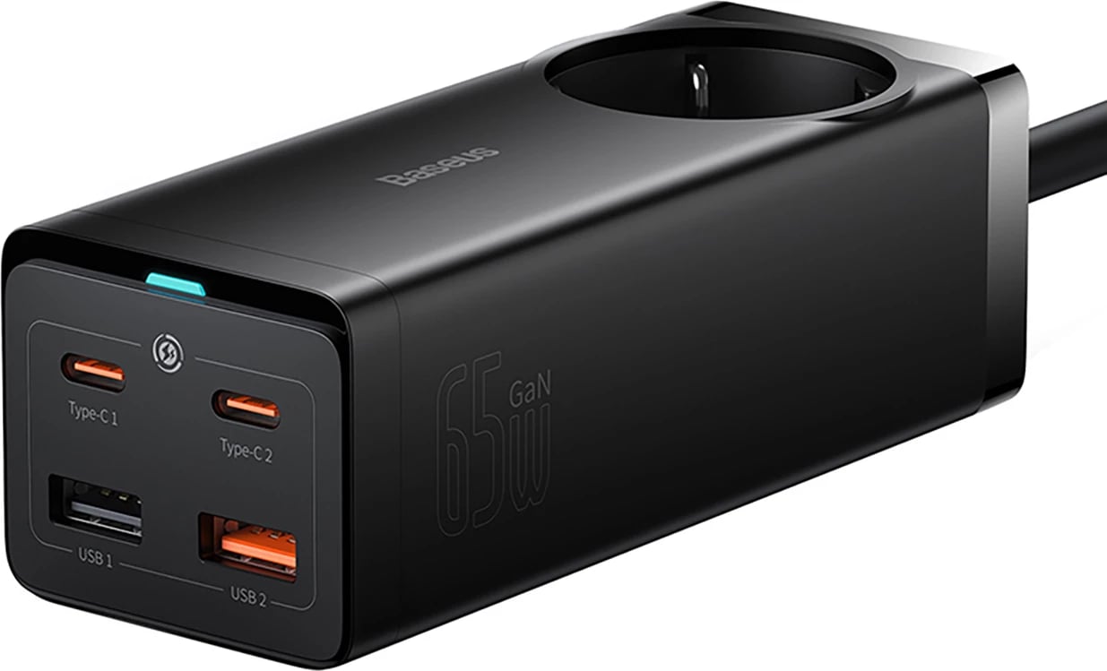Stacion karikimi Baseus GaN3 Pro 65W EU me 2x USB-C, 2x USB-A dhe kabllo USB-C 100W 1m, Zi