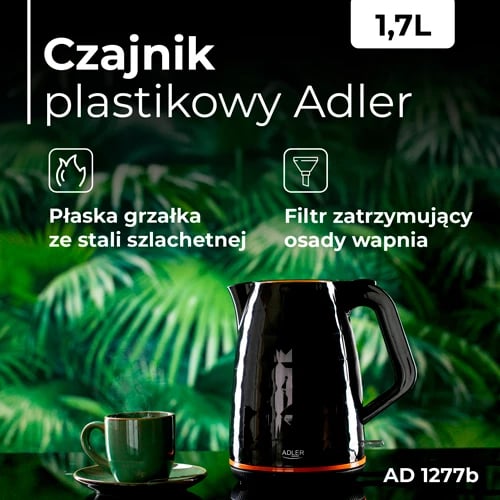 Çajnik elektrik, Adler, AD 1277, 1.7 L, 2200W, plastikë, bazë 360°, i zi