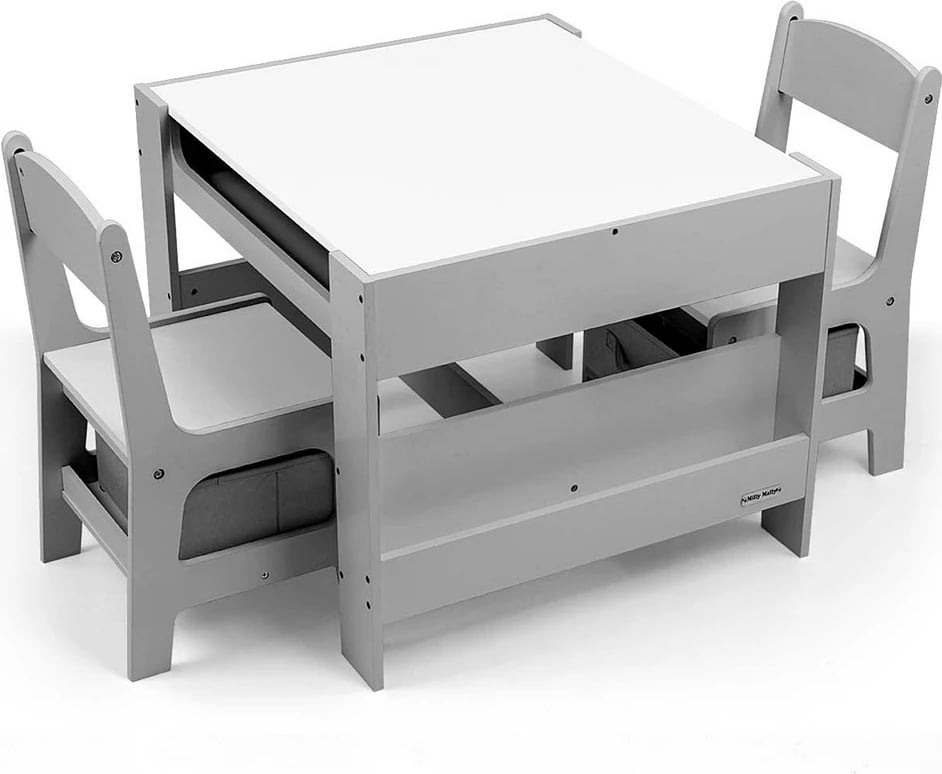 Set mobiljesh për fëmijë Milly Mally Sven tavolinë + 2 karrige me kapak i dyanshëm, dërrasë me shkumës, hapësira ruajtjeje, MDF, gri