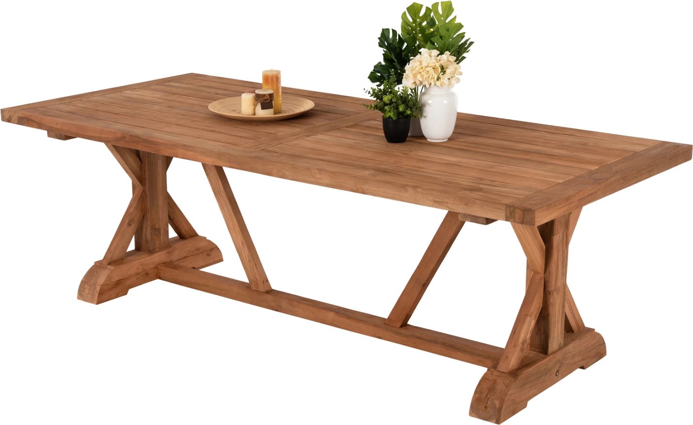 Tavolinë ngrënieje me këmbë kryq, dru TEAK, ngjyrë natyrale, FH9563, 350x120x75H cm