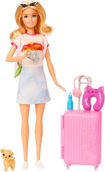 Kukull Barbie Malibu Roberts me aksesorë udhëtimi, Mattel HJY18, me qenush dhe valixhe, Rozë