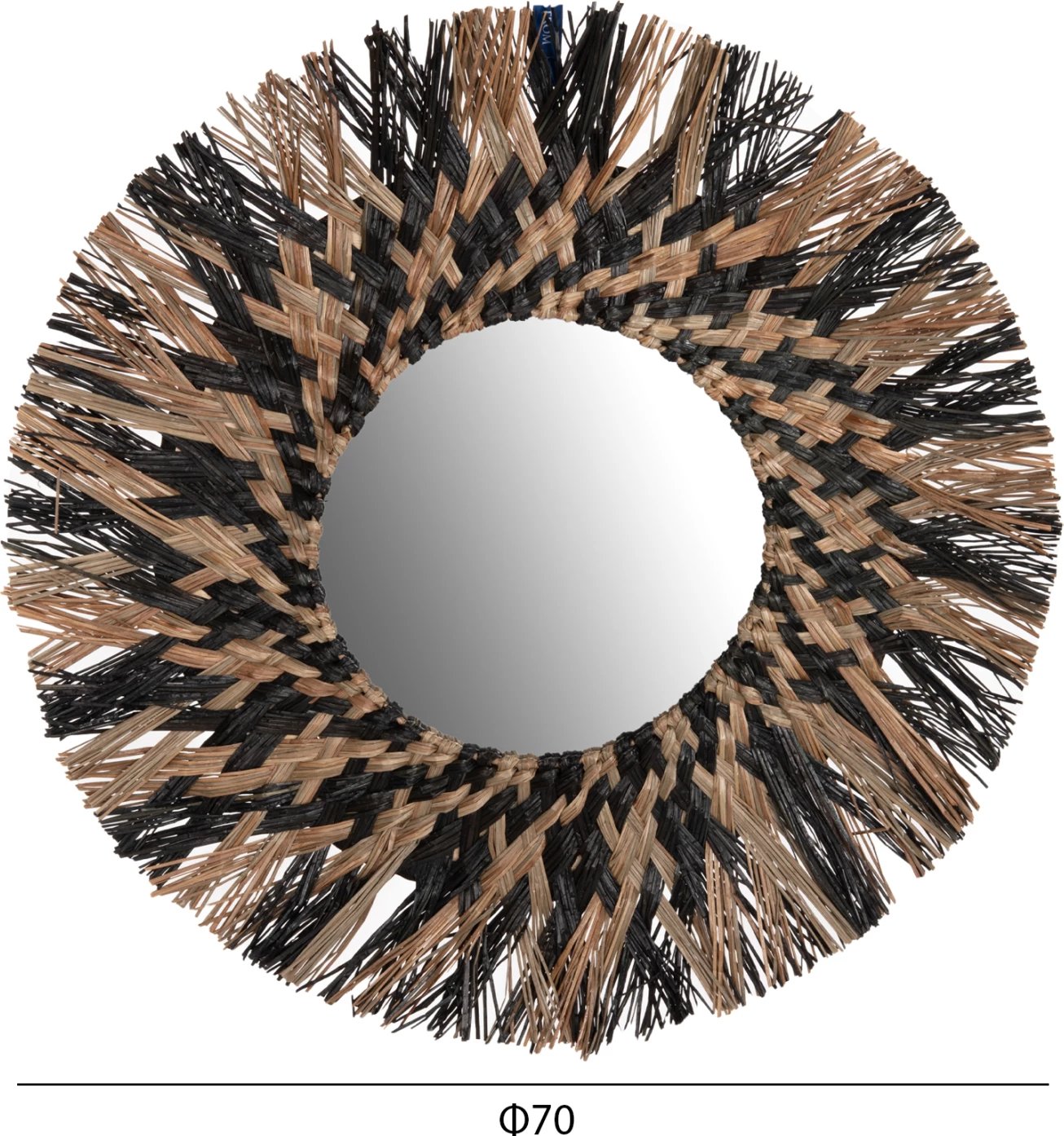 Pasqyrë muri e rrumbullakët, FH7833, kornizë e thurur nga bari Mendong, ngjyrë e zezë dhe natyrale, Φ70 cm