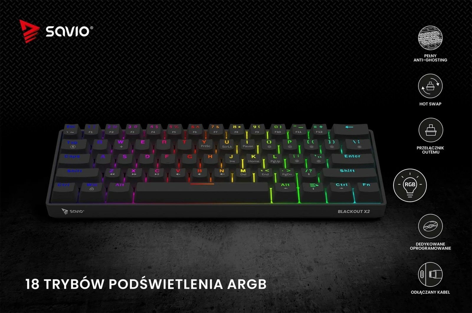 Tastierë mekanike Savio Blackout X2, OUTEMU Red, 60%, me ndriçim ARGB, e zezë