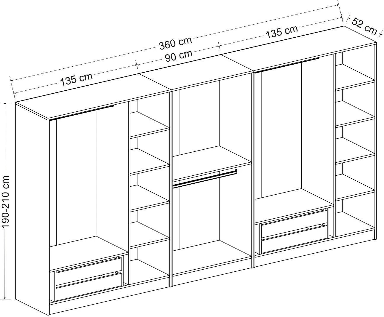 Dollap garderobe Skye Decor, ngjyrë dore, 360x190x52cm