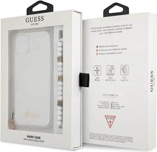 Mbështjellës Guess GUHCP13MKPSWH për iPhone 13 6.1", transparent, me varëse perlë
