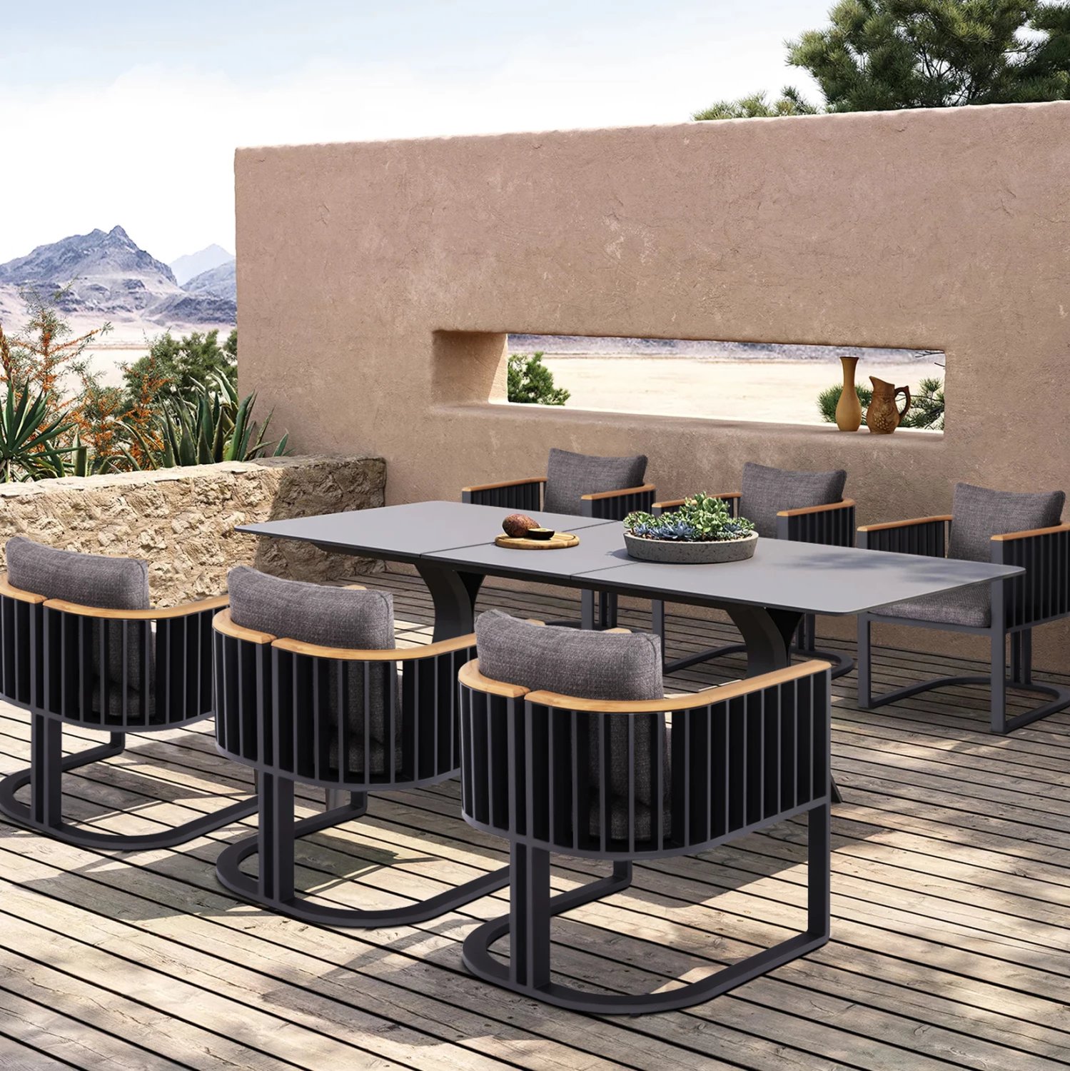 Tavolinë ngrënieje e zgjerueshme Andromeda, alumin, sipërfaqe prej guri të sinterizuar, ngjyrë gri, 180-240x100x76.5cm