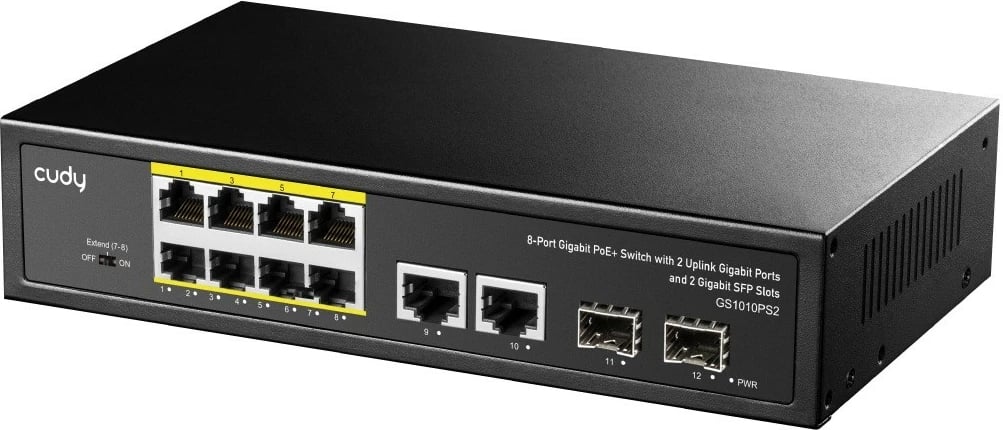 Switch PoE Gigabit, Cudy GS1010PS2, 8x PoE+ 1G, 2x uplink 1G, 2x SFP, buxhet 120W, rack/desktop
