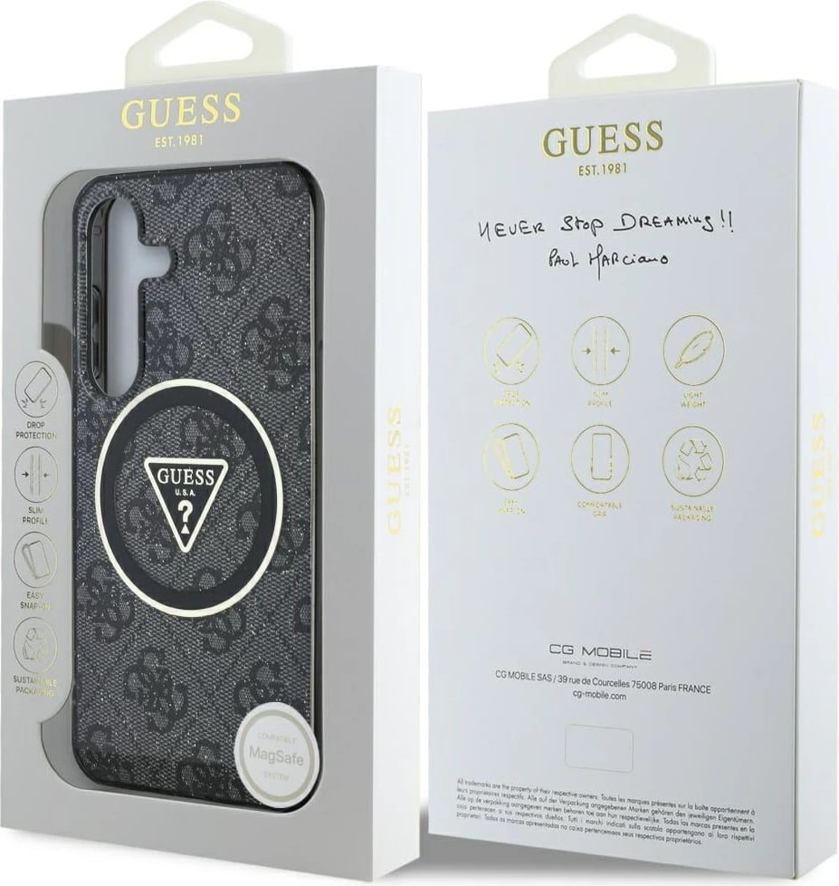 Mbështjellës Guess 4G Glitter Triangle Buttons MagSafe për Samsung Galaxy S25, i zi Mbështjellës Guess 4G Glitter Triangle Buttons MagSafe për Samsung Galaxy S25, i zi