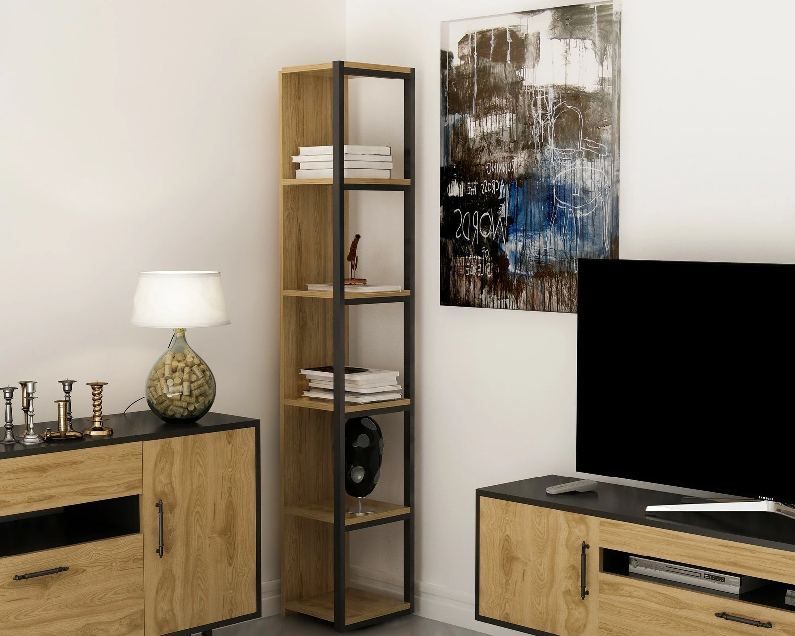 Raft librash Hanah Home, Texas, ngjyrë lisi dhe e zezë, Ud