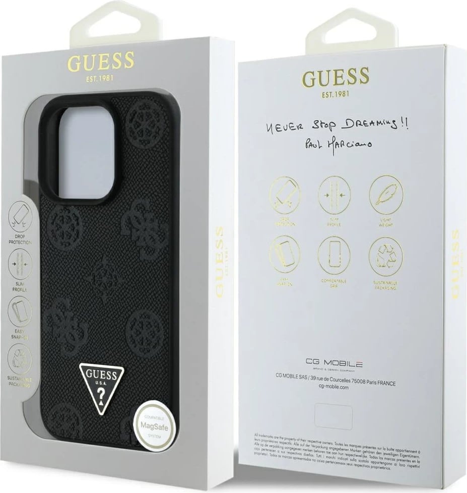 Mbështjellës Guess Grained Hot Stamp Peony Triangle Logo MagSafe për iPhone 16 Pro Max, i zi