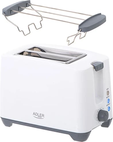 Toster, Adler, AD 3216, 2 feta, 1000W, me rrjetë ngrohëse për bukë/rolle, i bardhë