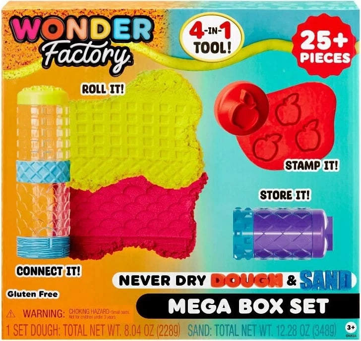 Set lodrash kreative MGA Wonder Factory Never Dry Dough/Sand, 25+ pjesë, shumëngjyrëshe