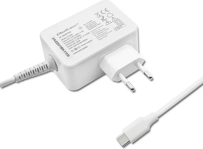 Karikues Qoltec 65W, USB Type-C, Power Delivery, i bardhë