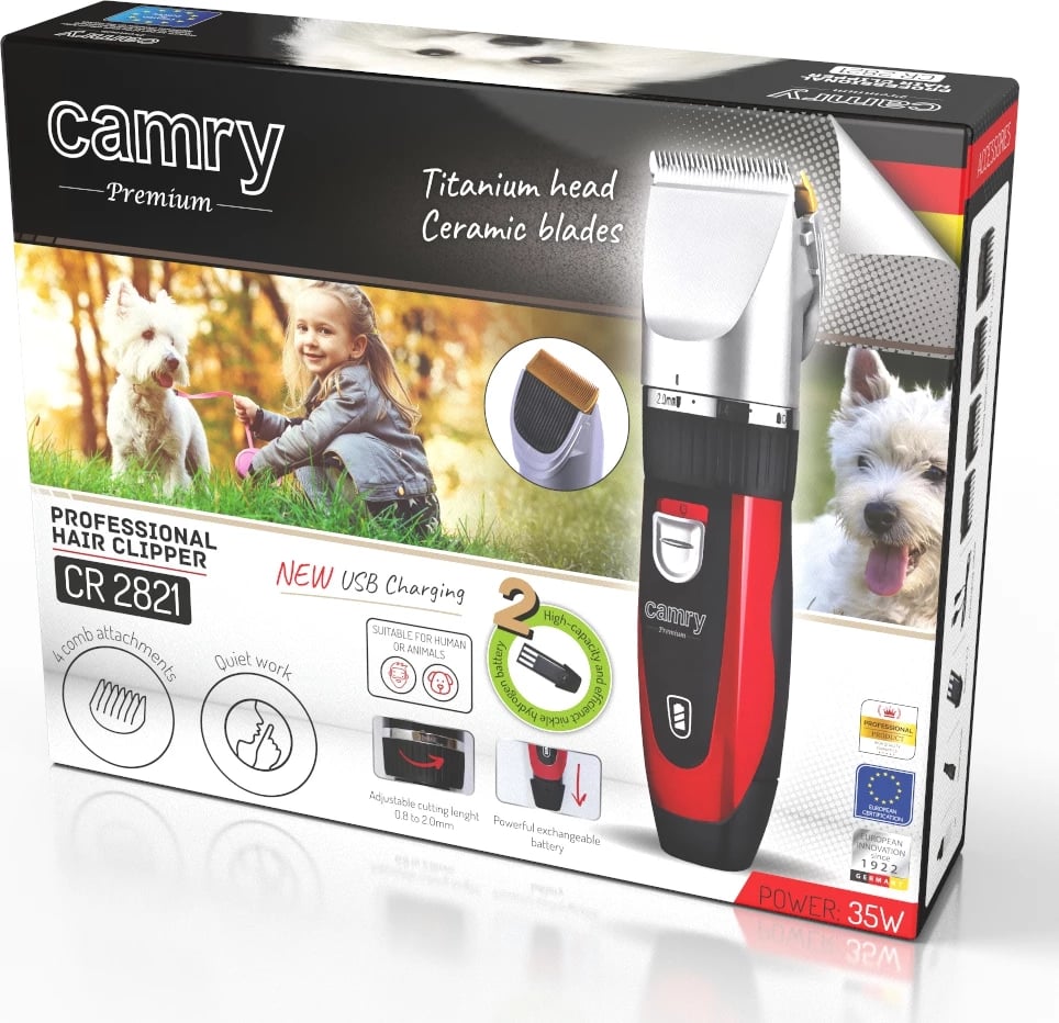 Makinë qethëse për kafshë, Camry CR 2821, motor 35W, koka titan me teh qeramike, USB, me/pa kabllo, 4 krehra 3–12 mm, bateri 1600 mAh, e zezë/argjend, set me bateri shtesë, vaj, furçë dhe kabëll USB Makinë qethëse për kafshë, Camry CR 2821, motor 35W, koka titan me teh qeramike, USB, me/pa kabllo, 4 krehra 3–12 mm, bateri 1600 mAh, e zezë/argjend, set me bateri shtesë, vaj, furçë dhe kabëll USB