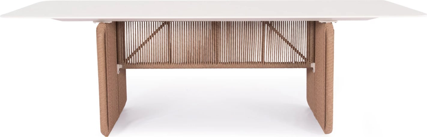 Tavolinë ngrënieje për jashtë, alumini, sipërfaqe sinterizuar, ngjyrë fildishi, thurje ratan, 240x100x73.5cm