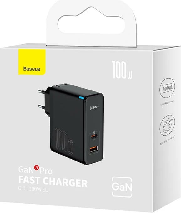 Karikues rrjeti Baseus GaN Pro Fast Charger C+U 100W me kabllo 1m, i zi