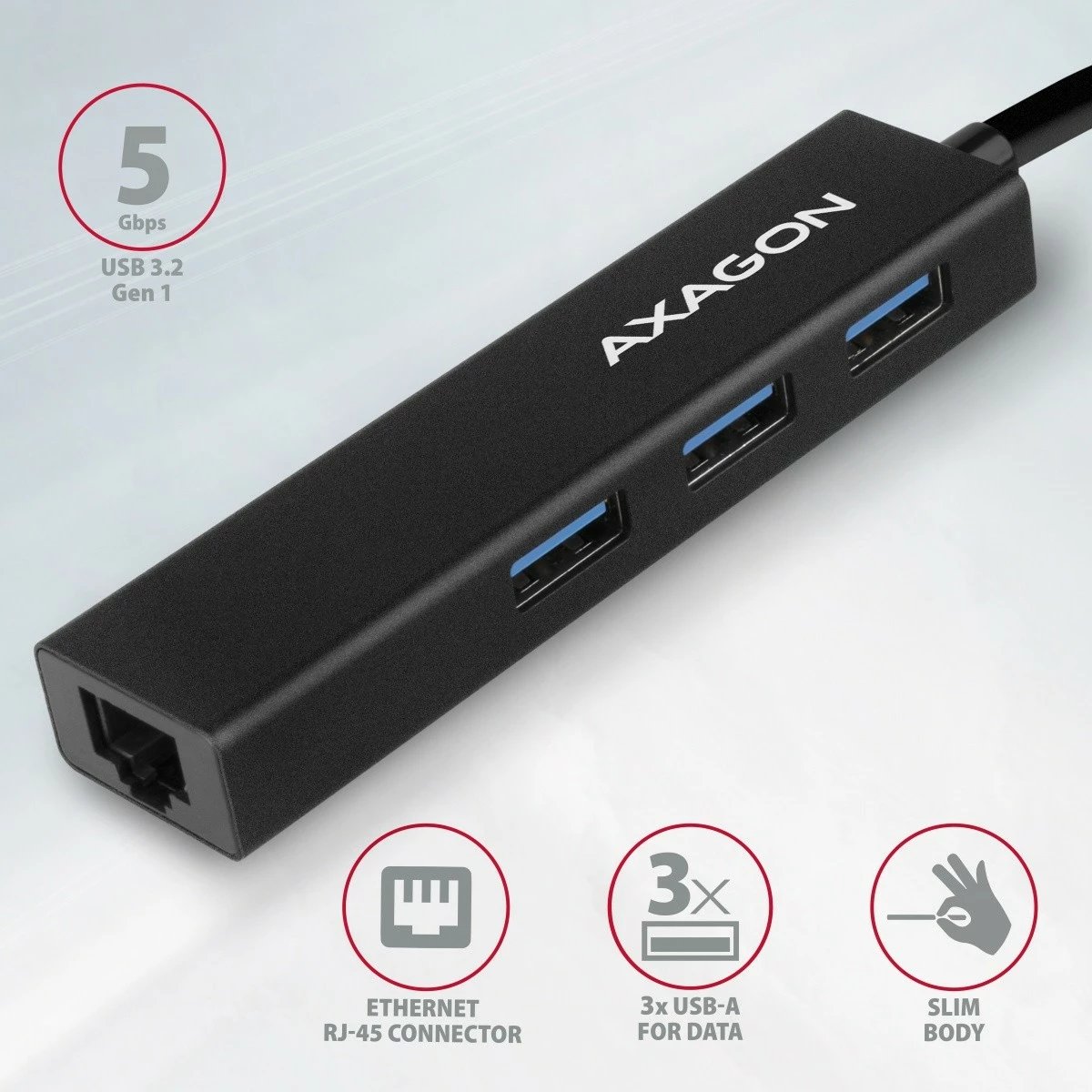 Kasë AXAGON HMA-GL3A multiport USB hub 4n1, 5Gbps, 3x USB-A + GLAN, metal, kabllo USB-A 20cm, e zezë