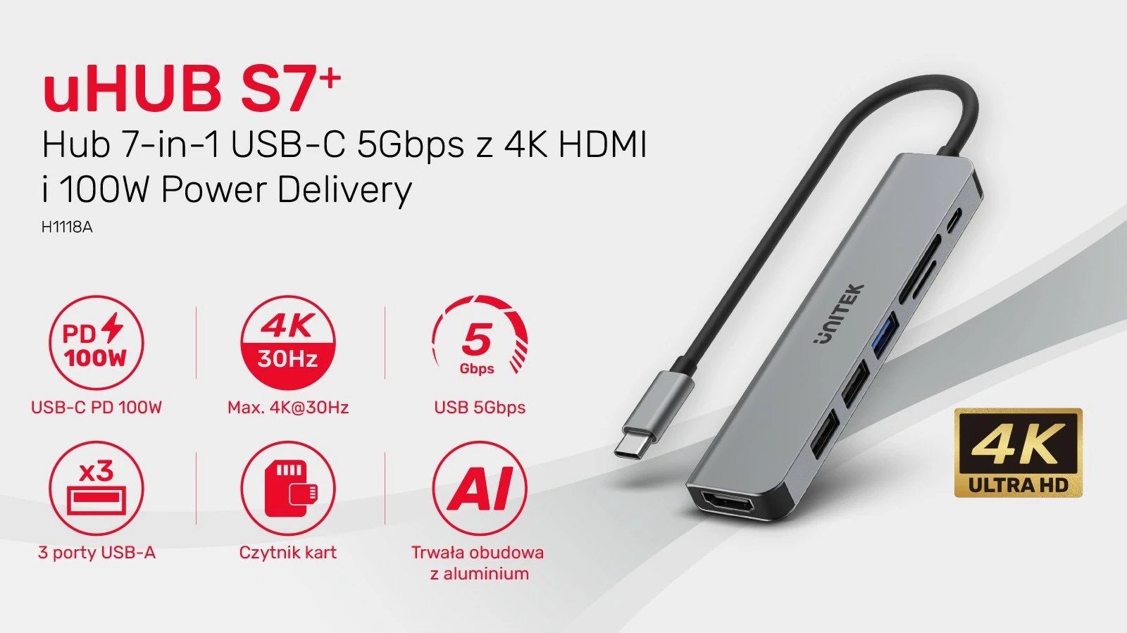 HUB USB-C Unitek H1118A 7-në-1, alumini, 100W PD, HDMI 4K, i zi/gri/argjendtë