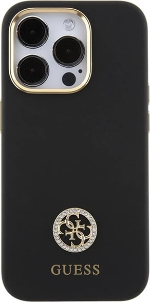 Mbështjellës Guess Silicone Logo Strass 4G për iPhone 15 Pro, i zi