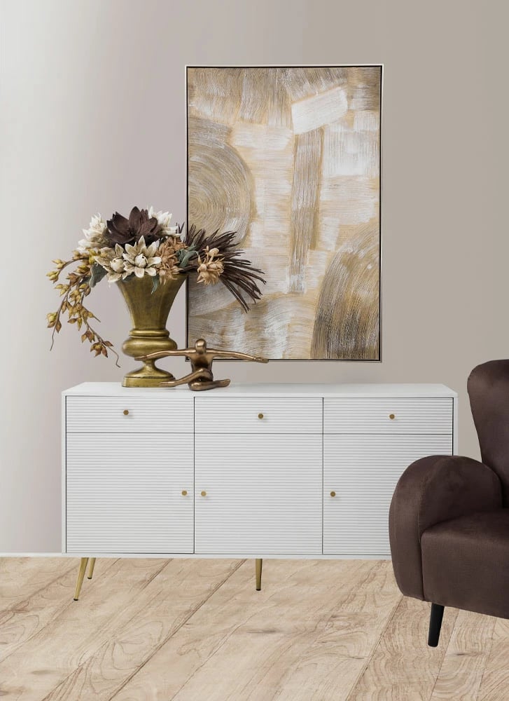 Bufe Zizel, 3 dyer, 3 sirtarë, e bardhë me detaje ari, 150x40x80