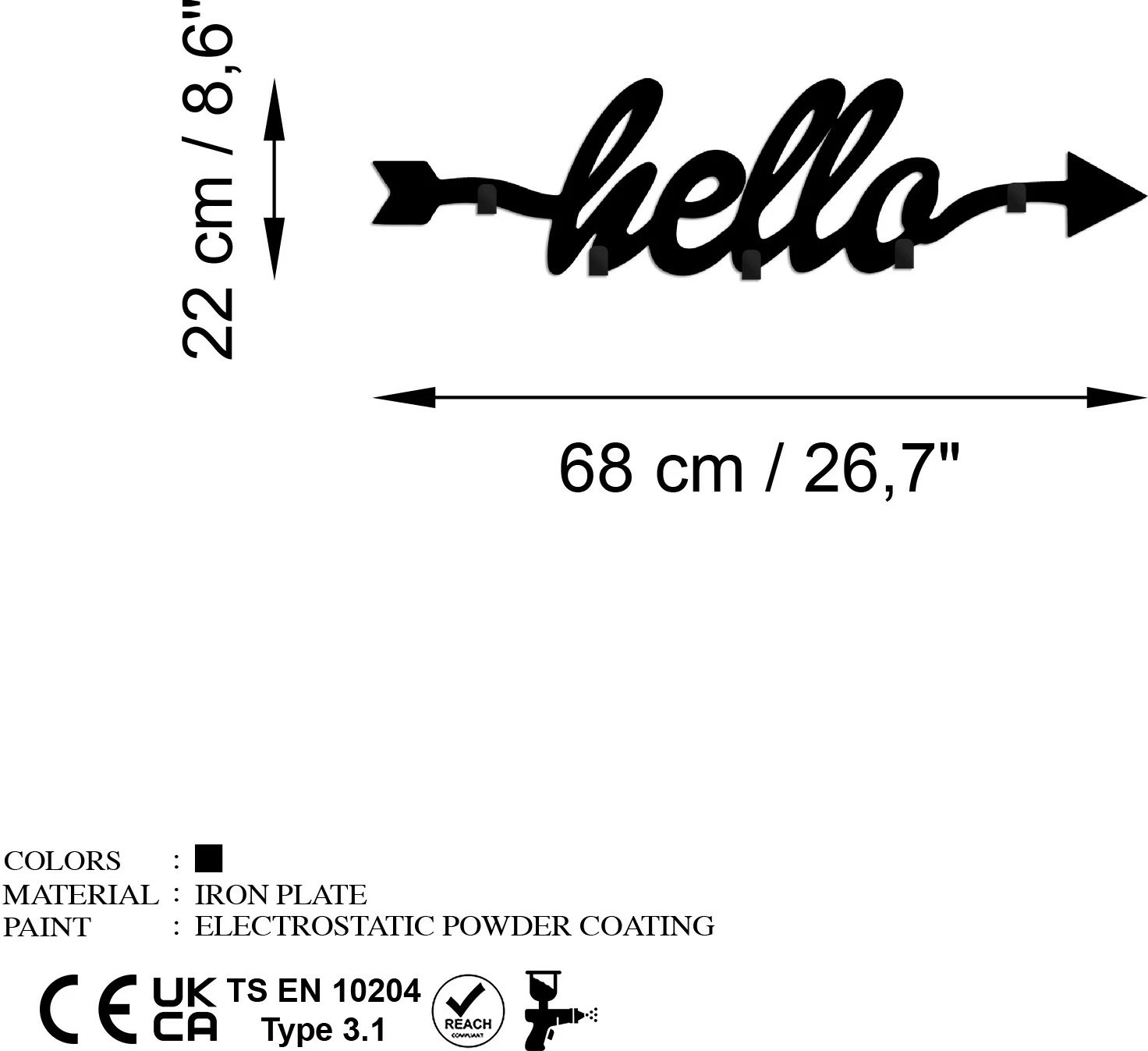 Varëse muri metalike Wallity, Hello, ngjyrë e zezë, 68x22x2 cm