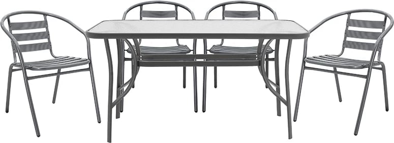 Tavolinë me karrige Ensure-Tade, metal-xham, ngjyrë gri e errët, 140x80x70cm, 5 copë