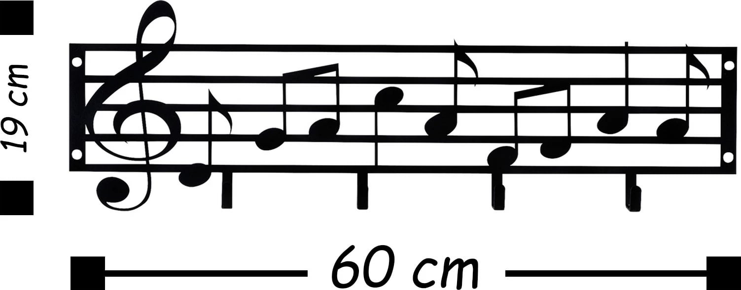 Varëse muri metalike, dizajn notash muzikore, ngjyrë e zezë, 60x19cm