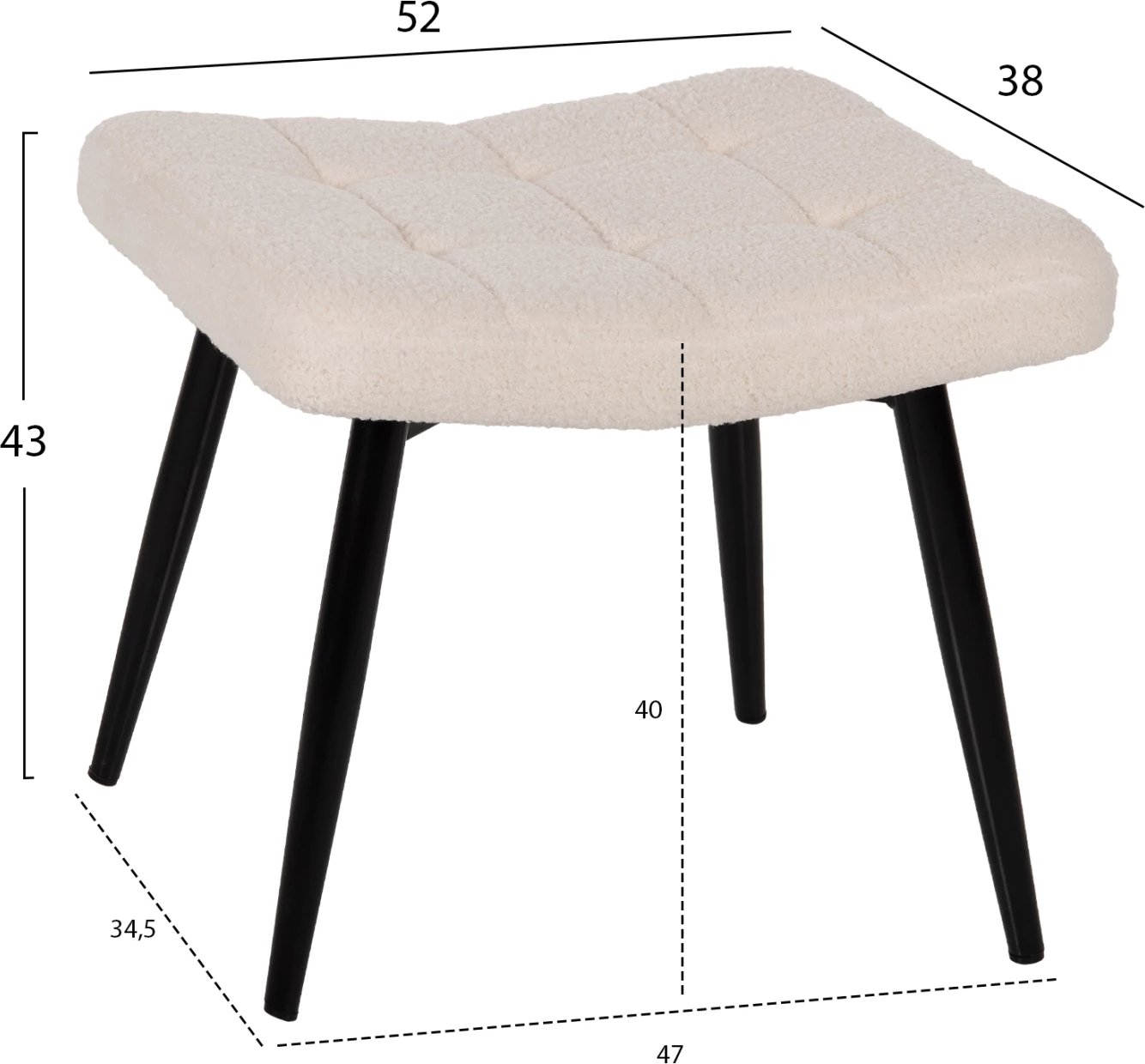 Fotel CRAWLEY me tabure, stof boucle i bardhë, këmbë metalike të zeza, FH8918.25, 70x74x105cm