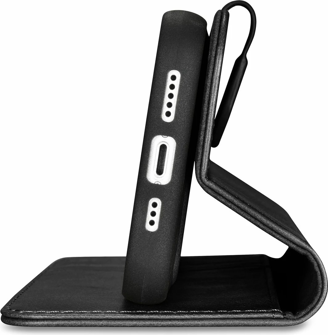 Mbështjellës iCarer Oil Wax Wallet Case 2in1 për iPhone 14, lëkurë natyrale, Anti-RFID, e zezë