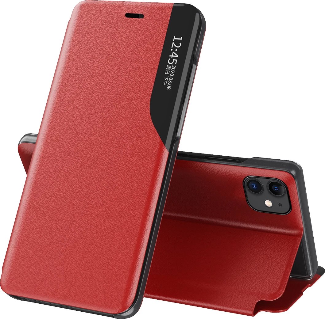 Mbështjellës Hurtel Eco Leather View Case për iPhone 13 Pro Max, me qëndrim, e kuqe