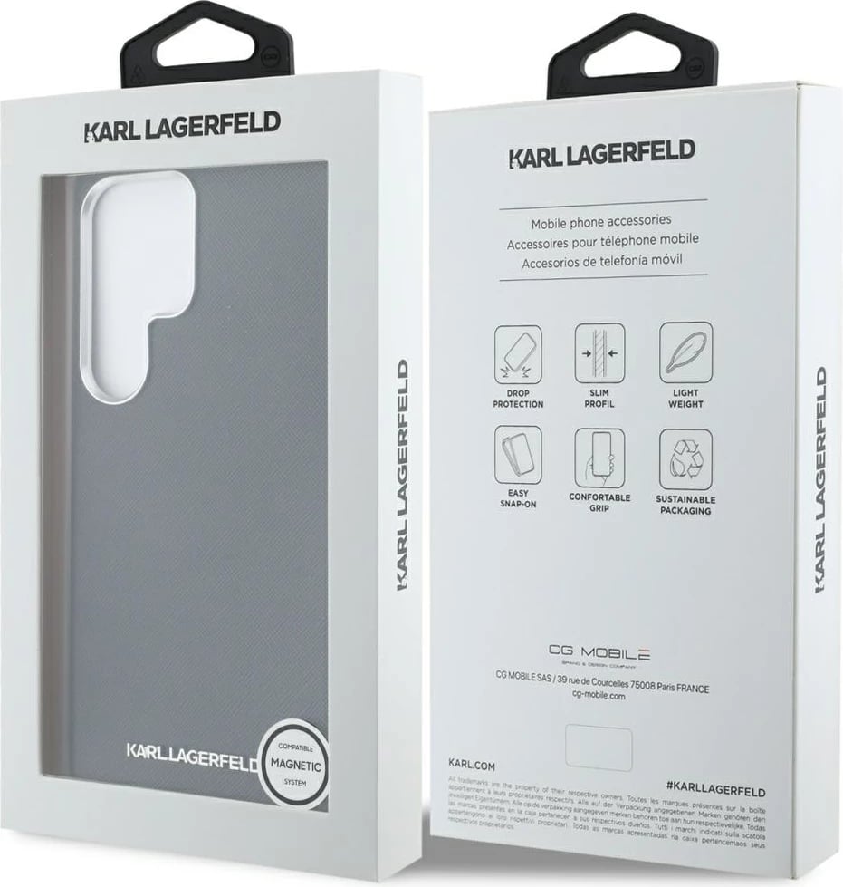 Mbështjellës Karl Lagerfeld Saffiano Full Wrapped Elongated Metal Logo MagSafe për Samsung Galaxy S25 Ultra, Zi