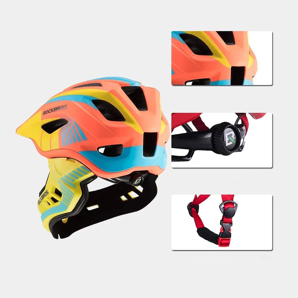 Helmetë biçiklete për fëmijë Rockbros TT-32SOYB-S me mbrojtëse të nofullës, S, verdhë-portokalli