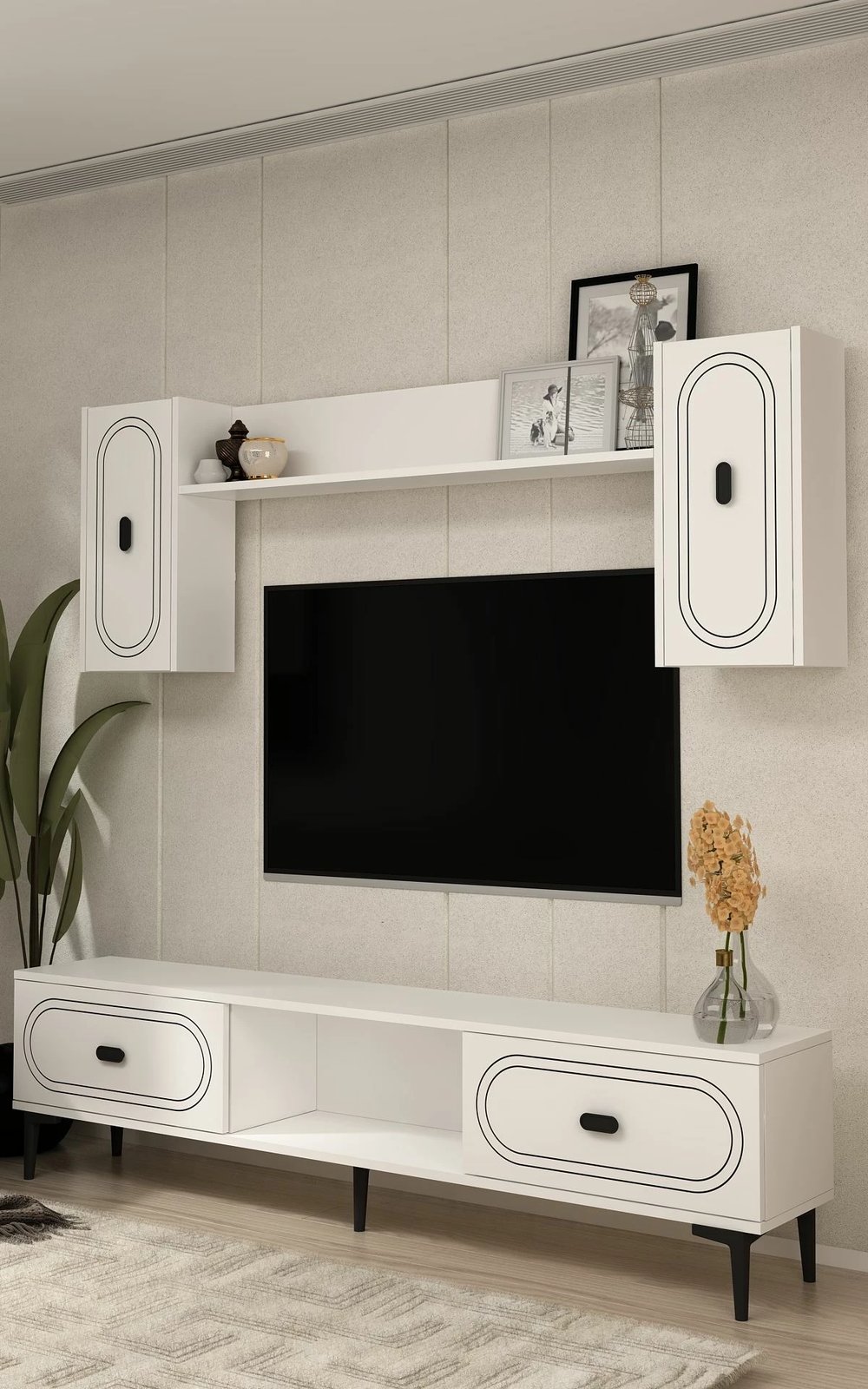 Komodë TV Skye Decor, e bardhë, me rafte dhe dollapë