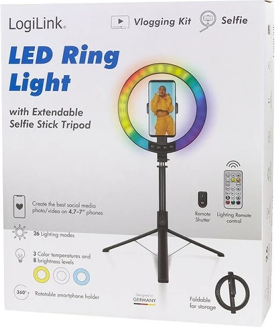 Dritë unazore LED LogiLink AA0156 me tripod, mbajtës për celular, 1500 lm, 17.8 cm, e zezë