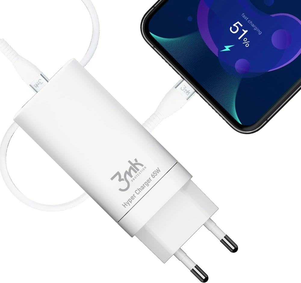 Karikues muri 3mk HyperCharger 65W, 2x USB-C + 1x USB-A, i bardhë
