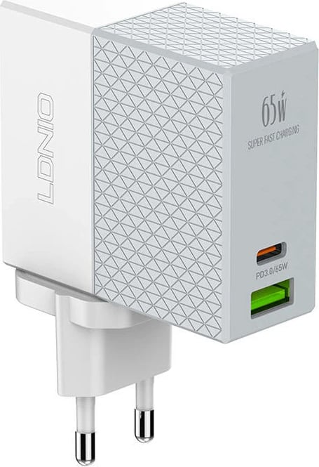 Karikues rrjeti LDNIO A2620C, 65W, 2 porta USB-A/USB-C, me kabllo USB-C në USB-C, Bardhë