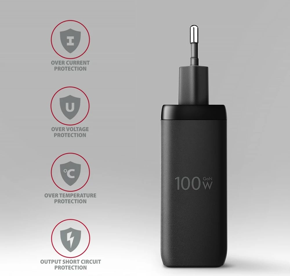 Karikues udhëtimi AXAGON ACU-DPQ100, 100W, 3 porta (USB-A + 2x USB-C), GaN, i zi