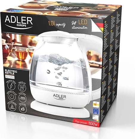 Zierëse uji elektrike Adler AD 1283, 1.0L, 1100W, qelq, LED blu, gri