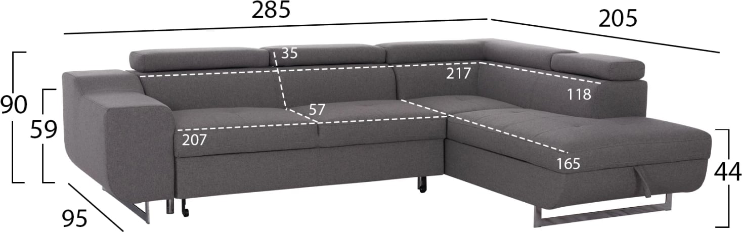 Kënd-sofë krevati me hapësirë për depo, ngjyrë gri, ENCORE FH3301.01R, 285x205x90cm