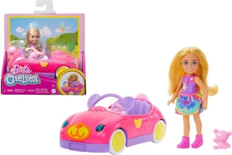 Set lodrash Barbie Chelsea me kukull të vogël bionde, makinë lodër dhe ariush, shumëngjyrëshe