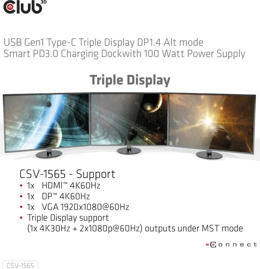 Docking station Club3D 4K ChargingDock USB-C, 5xUSB3, DP1.4, HDMI, VGA, LAN, 100W, e zezë