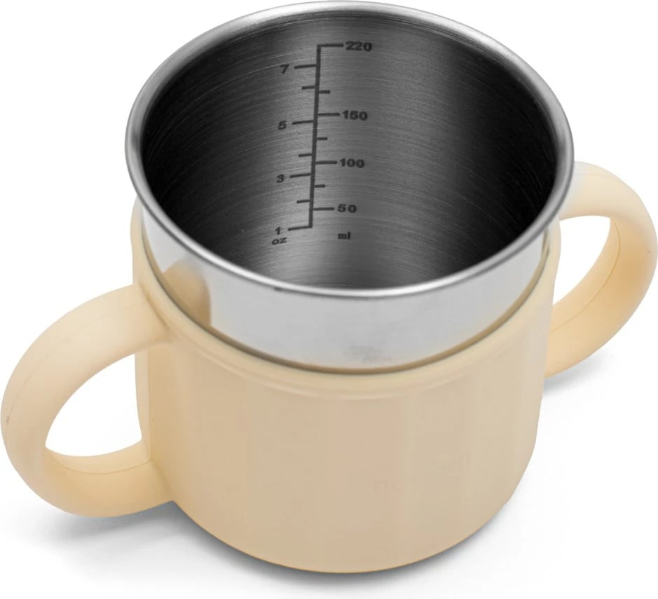 Gotë trajnimi, New Baby, 2-in-1, 220 ml, silikon + çelik inox, me doreza, bezhë