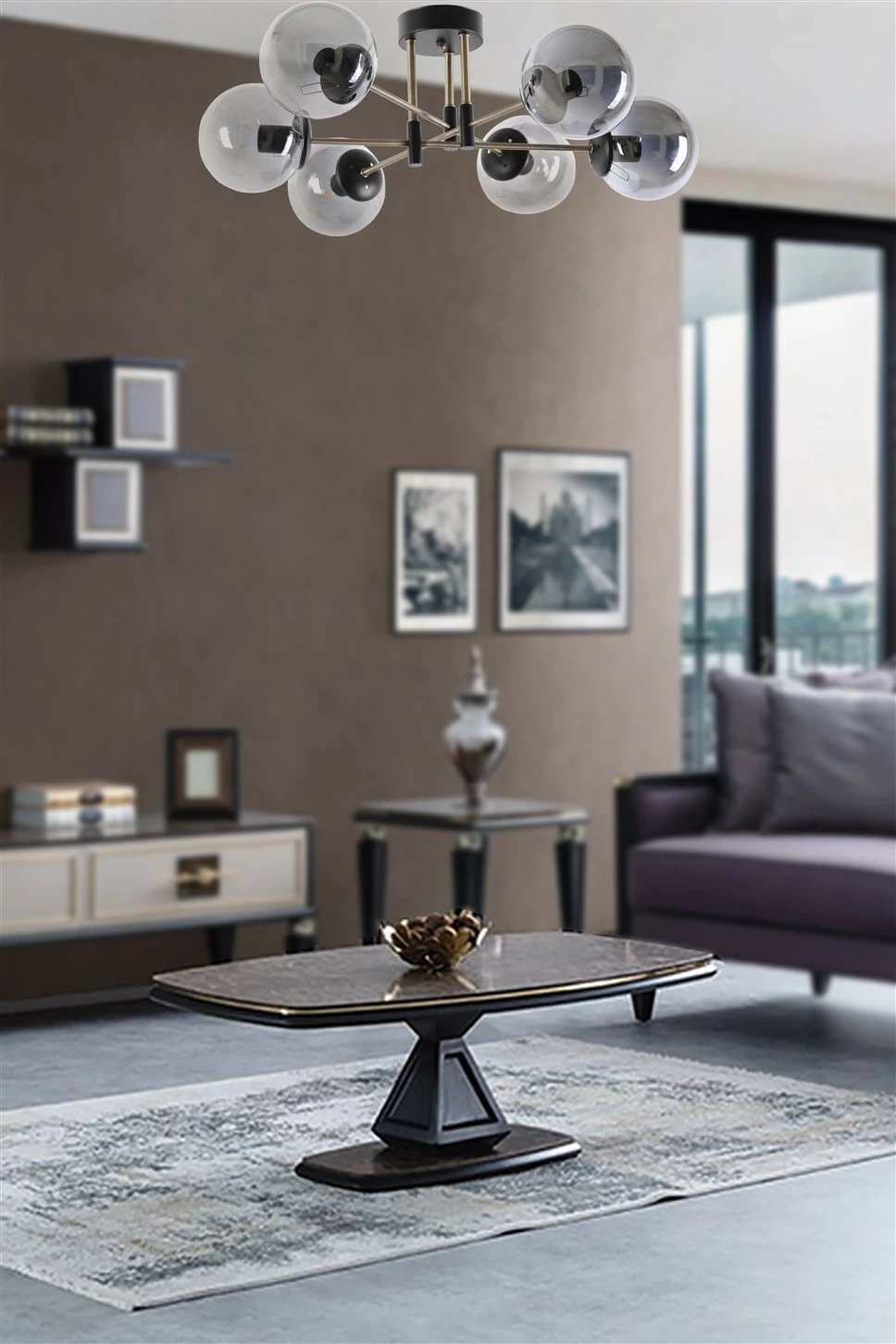 Llambë tavani Opviq Dolunay, 6 drita, metal i zi, xham fume