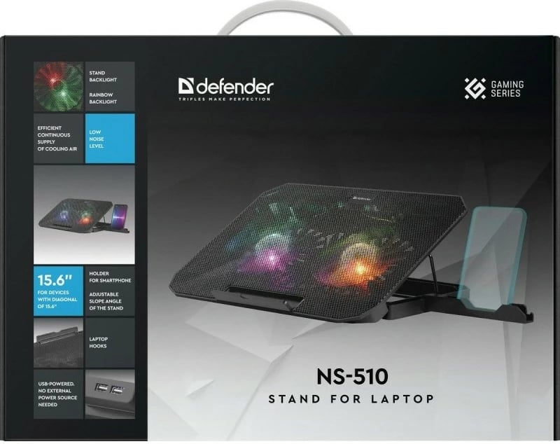 Ftohës laptopi, Defender, NS-510, 15.6", 2x ventilator 14 cm, 2x USB, RGB, i zi