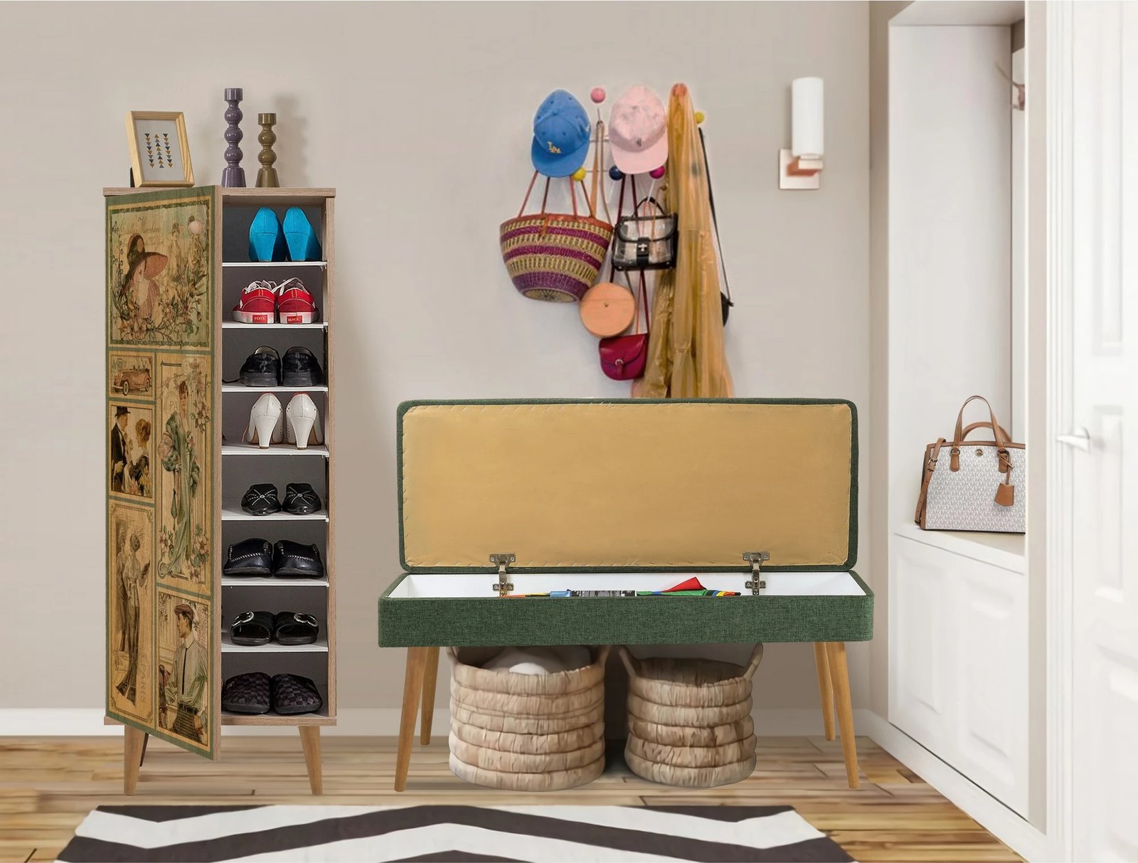 Set mobiljesh për korridor Skye Decor, Filinta - 732 - 1070, ngjyrë sonomo dhe e gjelbër