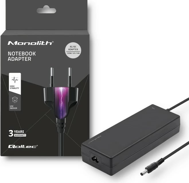 Furnizues energjie desktop Qoltec 50798, 120W, 12V, 10A, 5.5x2.5mm, me kabllo rryme